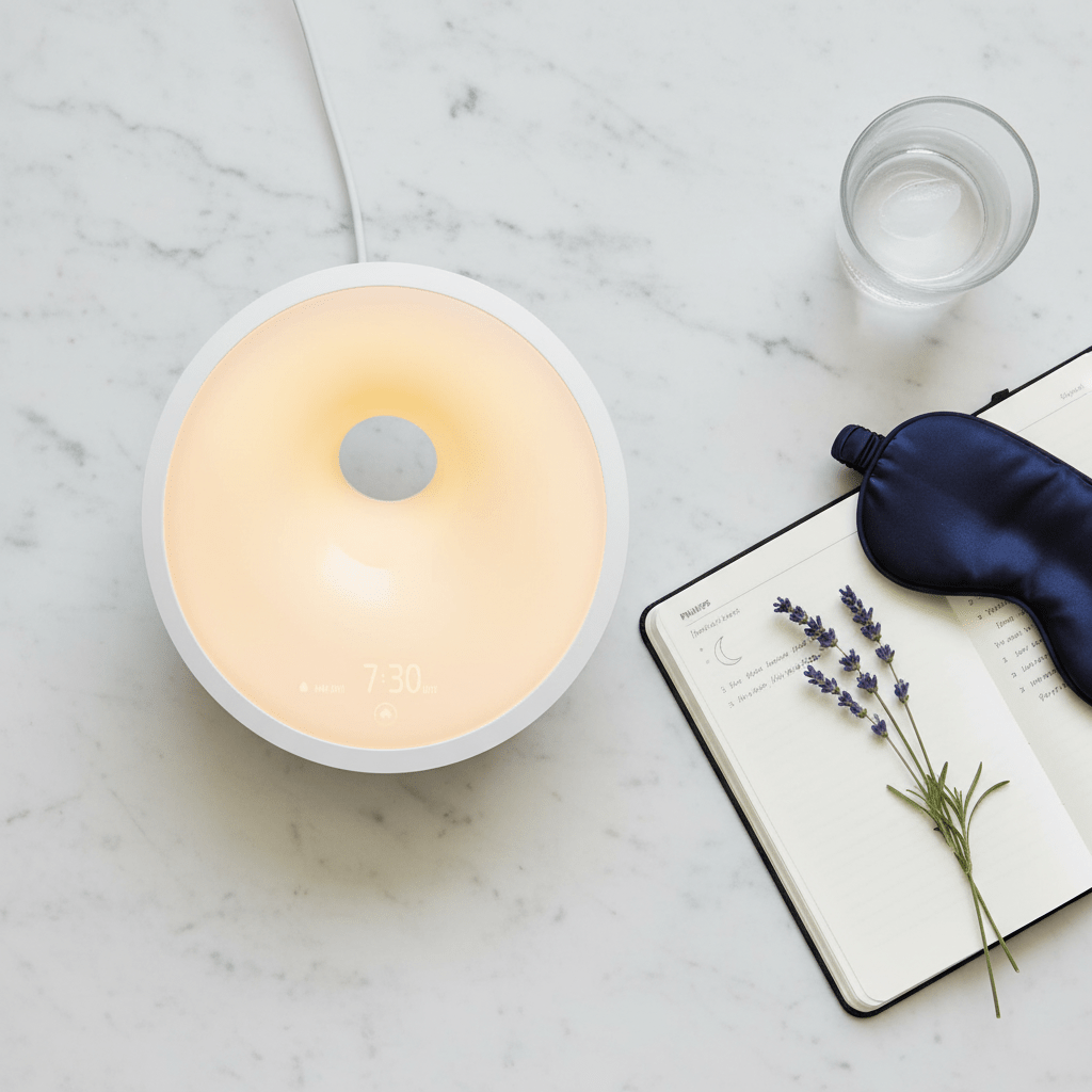 Philips SmartSleep Wake-Up Light HF3651 – Sunrise Simulation | Sleep & Wake TherapyMental WellnessPhilipsWellness Path HoldingPhilips SmartSleep Wake-Up Light flatlay with sleep journal, lavender and wellness accessories