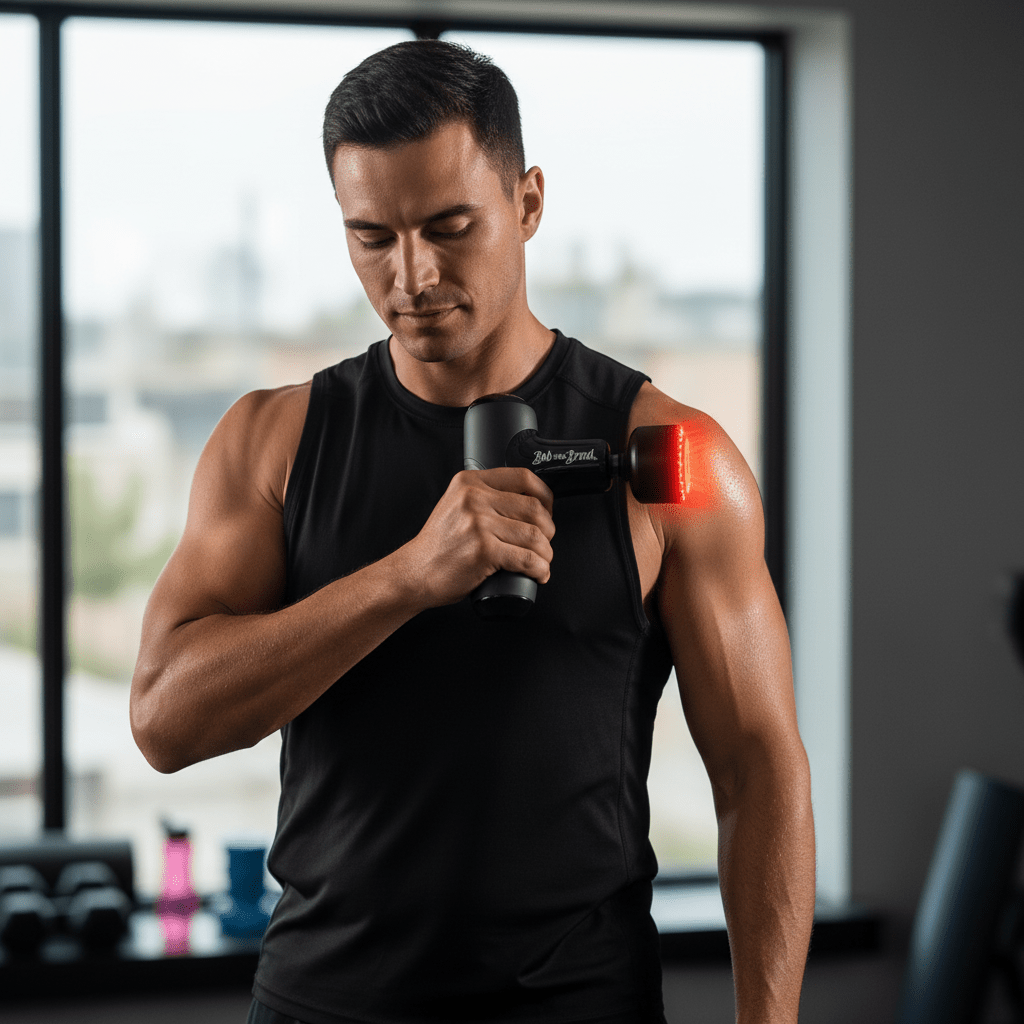 Bob and Brad Q2 Ultra Massage Gun – Infrared Heating | Deep Tissue | Pocket-SizedRecovery DeviceBob and BradWellness Path HoldingAthlete using Bob and Brad Q2 Ultra Massage Gun on shoulder for post-workout muscle recovery