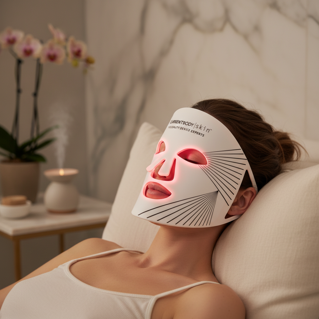Woman wearing CurrentBody Skin LED Face Mask during relaxing spa-like home treatment session
