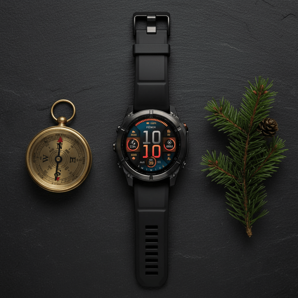 Garmin Fenix 8 Solar Outdoor SmartwatchFitness TechnologyGarminWellness Path HoldingGarmin Fenix 8 Solar flatlay on slate stone – Outdoor Adventure Smartwatch with Compass & GPS Tracking
