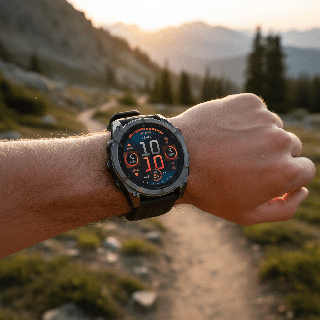 Garmin Fenix 8 Solar Outdoor SmartwatchFitness TechnologyGarminWellness Path HoldingGarmin Fenix 8 Solar worn by athlete on mountain trail – GPS Sports Smartwatch for Hiking & Running