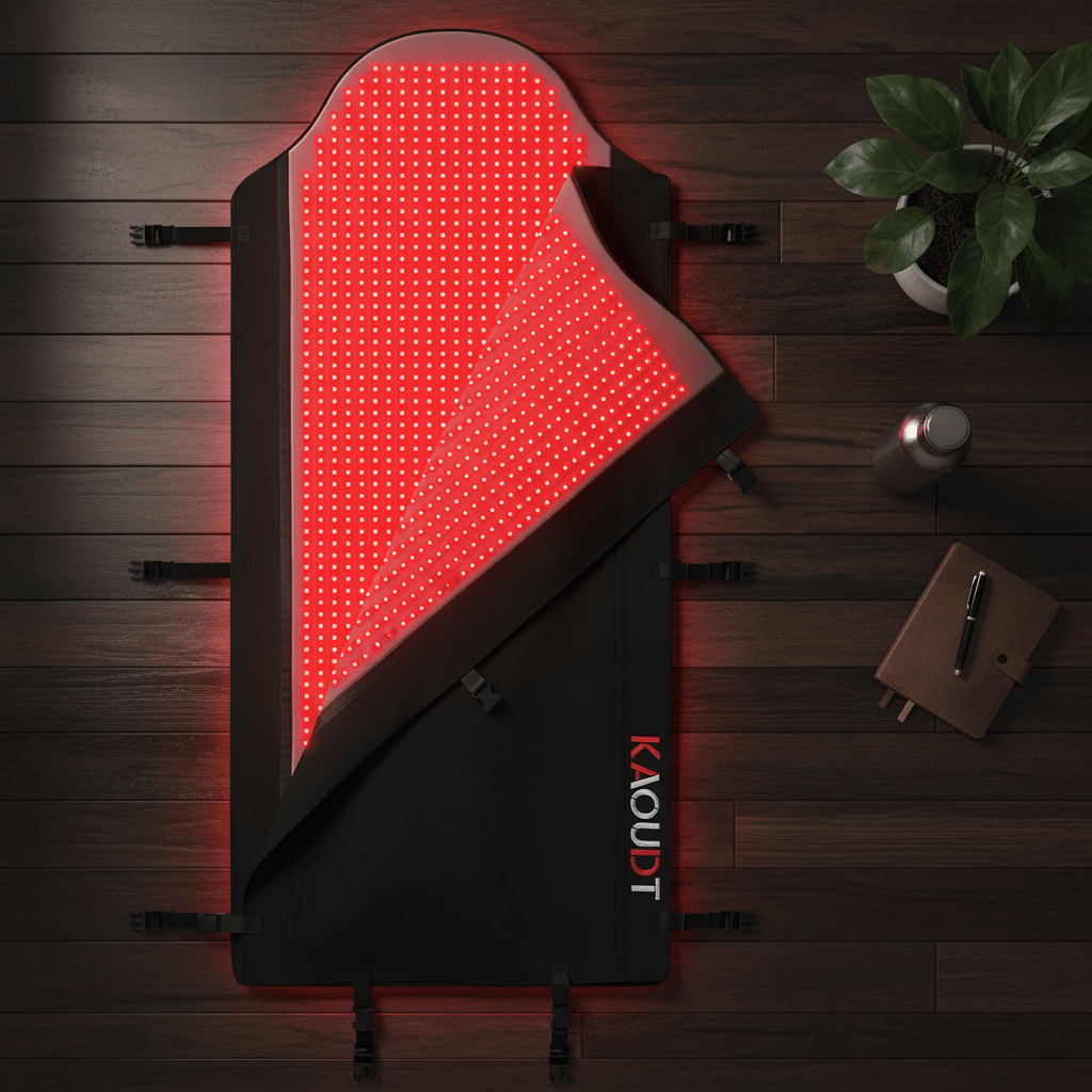 Kaoudt Medical Grade Red Light Therapy Blanket – 2600 LEDs | 660nm & 850nm Full BodyWellness DeviceKaoudtWellness Path HoldingKaoudt Red Light Therapy Blanket flatlay showing 2600 glowing red LEDs on dark surface
