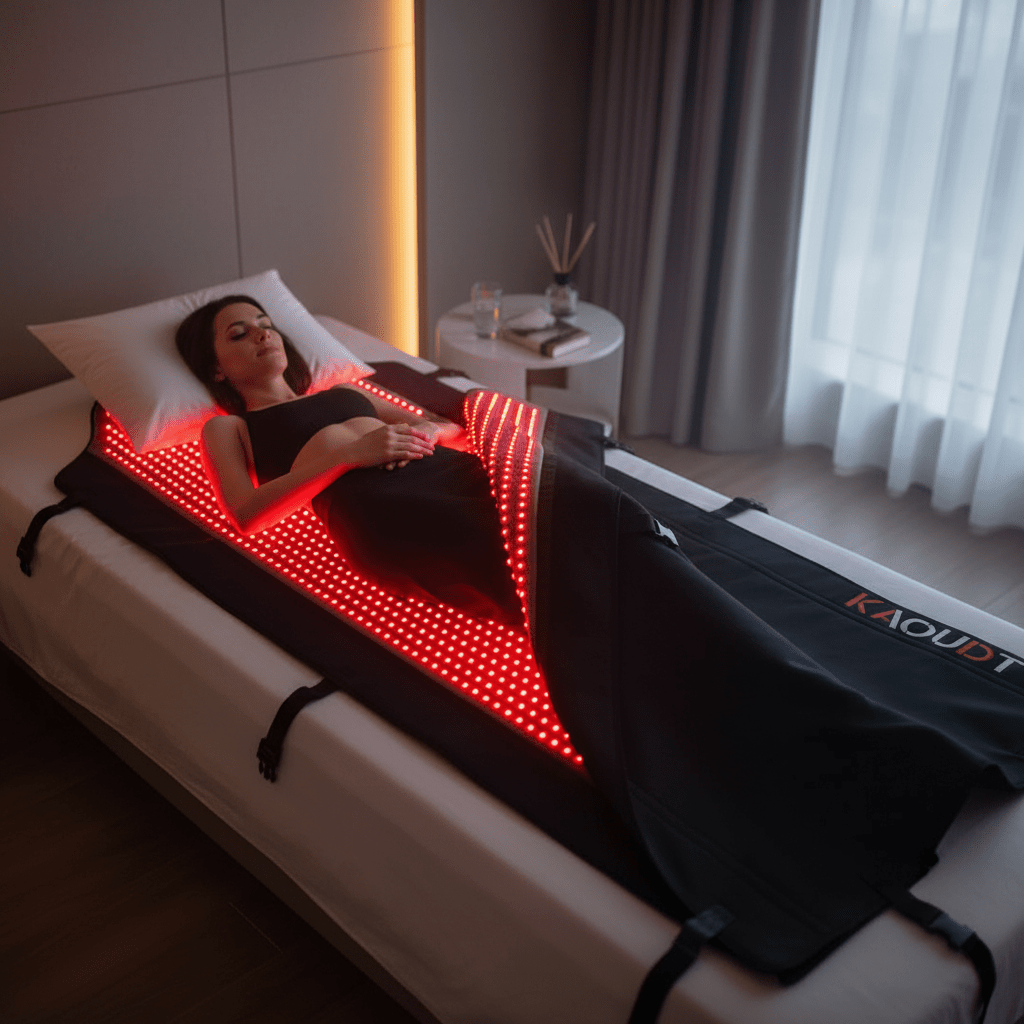 Kaoudt Medical Grade Red Light Therapy Blanket – 2600 LEDs | 660nm & 850nm Full BodyWellness DeviceKaoudtWellness Path HoldingWoman wrapped in Kaoudt Red Light Therapy Blanket during full-body wellness recovery session