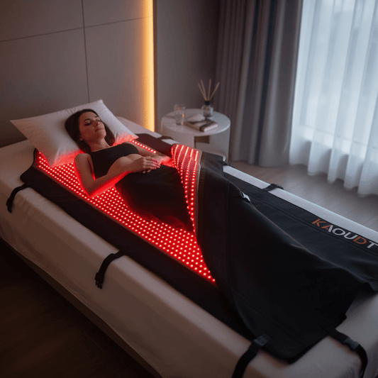 Kaoudt Medical Grade Red Light Therapy Blanket – 2600 LEDs | 660nm & 850nm Full BodyWellness DeviceKaoudtWellness Path HoldingWoman wrapped in Kaoudt Red Light Therapy Blanket during full-body wellness recovery session