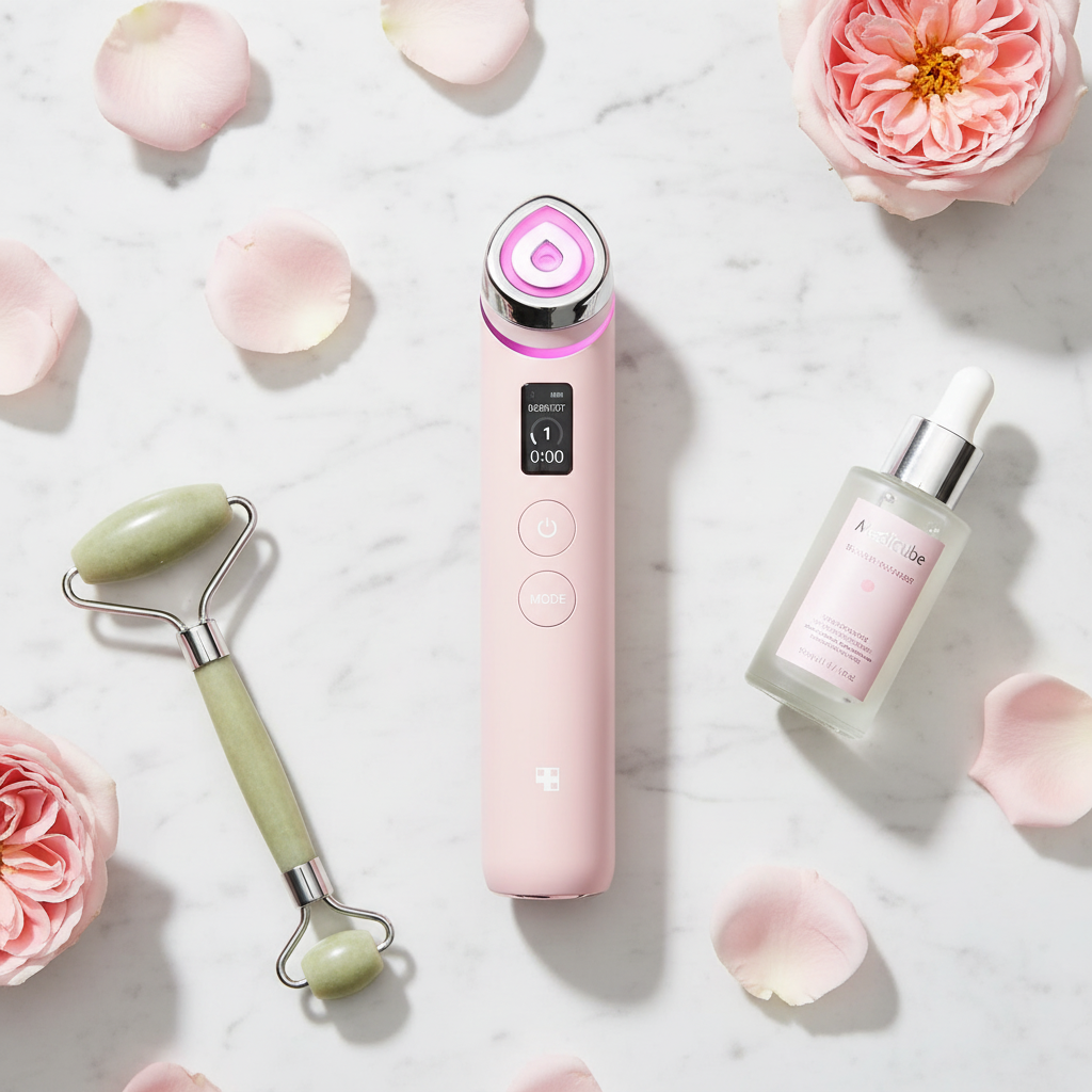 Medicube Age-R Booster Pro Pink flatlay on marble with rose petals and Korean skincare