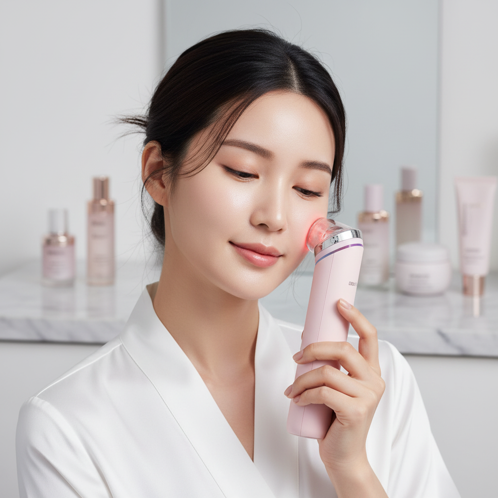 Woman using Medicube Age-R Booster Pro Pink on face for glass skin Korean beauty treatment