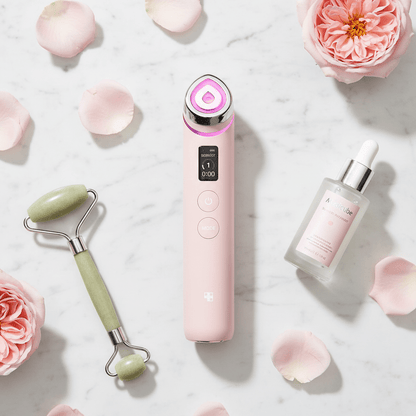 Medicube Age-R Booster Pro Pink – 6-in-1 Korean Glass Skin Device | LED + EMS + AnnealingBeauty DeviceMedicubeWellness Path HoldingMedicube Age-R Booster Pro Pink flatlay on marble with rose petals and Korean skincare
