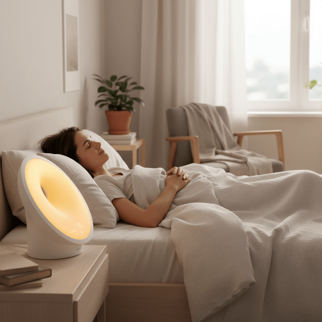 Philips SmartSleep Wake-Up Light HF3651 – Sunrise Simulation | Sleep & Wake TherapyMental WellnessPhilipsWellness Path HoldingPerson waking up peacefully next to Philips SmartSleep Wake-Up Light on bedside table