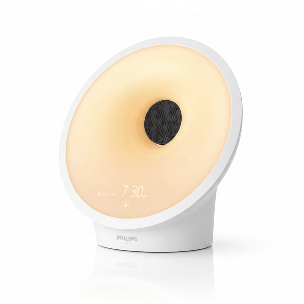 Philips SmartSleep Wake-Up Light HF3651 – Sunrise Simulation | Sleep & Wake TherapyMental WellnessPhilipsWellness Path HoldingPhilips SmartSleep Wake-Up Light HF3651 round white disc with warm sunrise glow on white background
