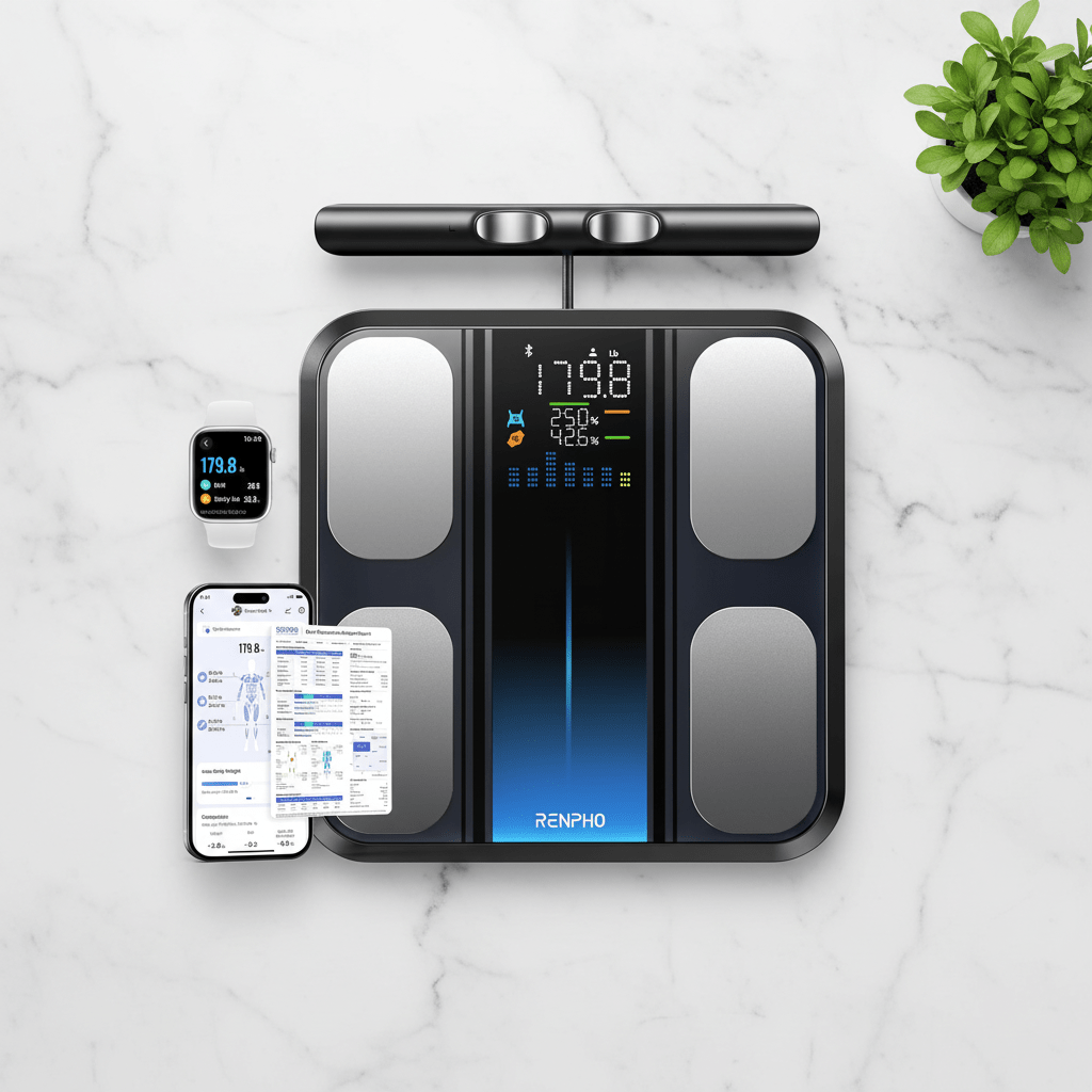 RENPHO MorphoScan – Smart Body Composition Scale | 13 Metrics | Hand Grip SensorsFitness TechRENPHOWellness Path HoldingRENPHO MorphoScan Smart Scale flatlay with smartphone app, Apple Watch and wellness accessories