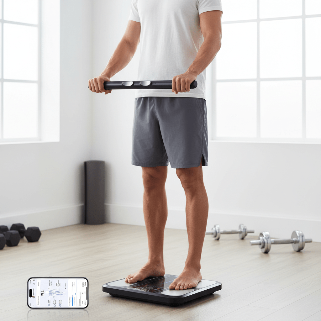 RENPHO MorphoScan – Smart Body Composition Scale | 13 Metrics | Hand Grip SensorsFitness TechRENPHOWellness Path HoldingPerson standing on RENPHO MorphoScan Scale holding grip bar while checking body composition on smartphone app
