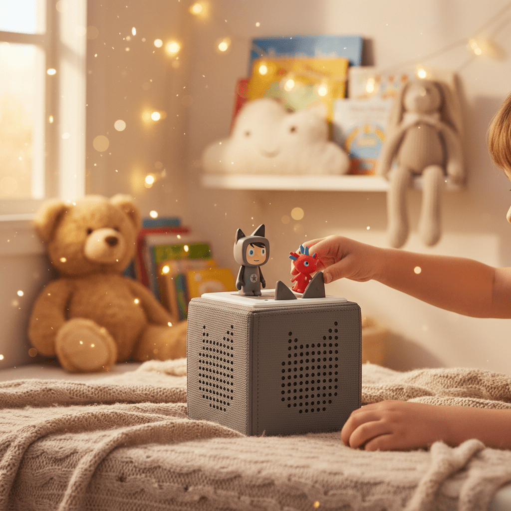 Toniebox Starter Set – Audio System for Kids | Screen-Free Storytelling & MusicKids WellnessToniesWellness Path HoldingChild placing Tonie figure on Toniebox in cozy bedroom – magical screen-free storytelling moment