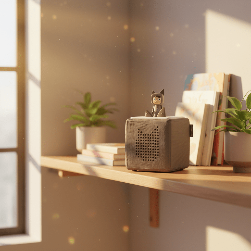 Toniebox Starter Set – Audio System for Kids | Screen-Free Storytelling & MusicKids WellnessToniesWellness Path HoldingToniebox grey speaker box on wooden shelf in cozy Scandinavian children's room with warm golden light