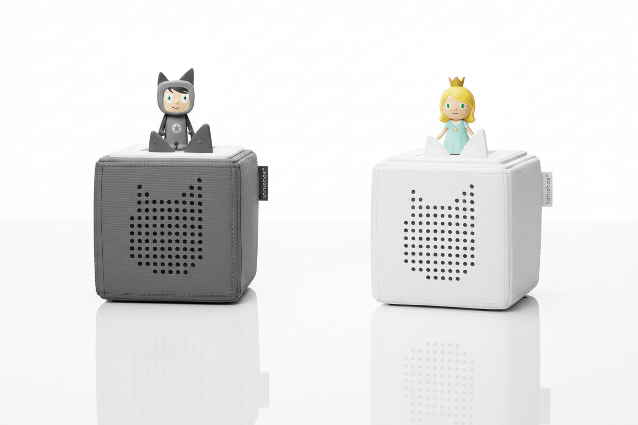 Toniebox Starter Set – Audio System for Kids | Screen-Free Storytelling & MusicKids WellnessToniesWellness Path HoldingTonies in two colors grey and white with mirror reflection – screen-free audio storytelling system for kids