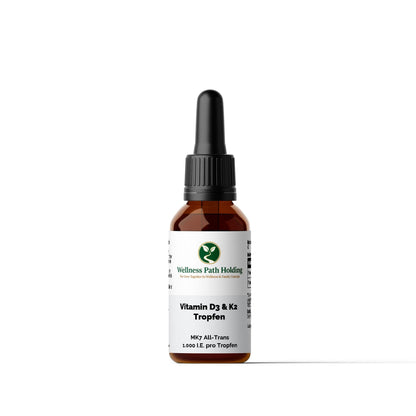 Vitamin D3 + K2 - 1,700 Drops (1,000 I.U.) - 50mlProduktWellness Path HoldingWellness Path HoldingC2B-VDK-01A small amber glass dropper bottle with a black cap and a white label reading Wellness Path Holding and Vitamin D3 & K2 Tropfen, centered on a light gray background.