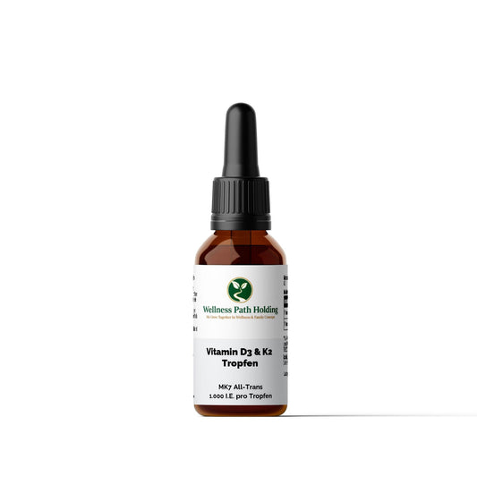 Vitamin D3 + K2 - 1,700 Drops (1,000 I.U.) - 50mlProduktWellness Path HoldingWellness Path HoldingC2B-VDK-01A small amber glass dropper bottle with a black cap and a white label reading Wellness Path Holding and Vitamin D3 & K2 Tropfen, centered on a light gray background.
