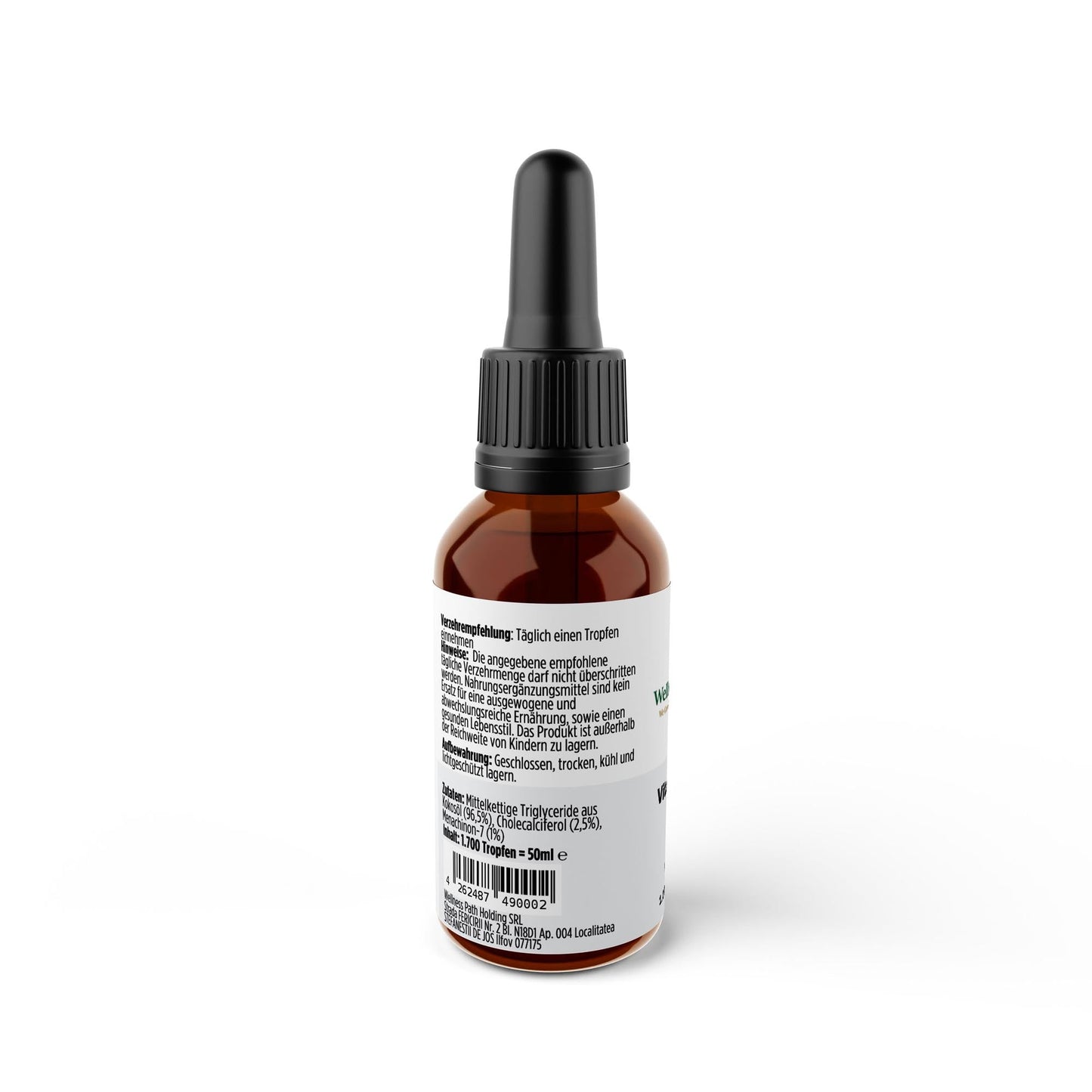 Vitamin D3 + K2 - 1,700 Drops (1,000 I.U.) - 50mlProduktWellness Path HoldingWellness Path HoldingC2B-VDK-01A 10ml amber glass dropper bottle with a black cap and a white label showing product details, photographed against a plain white background.