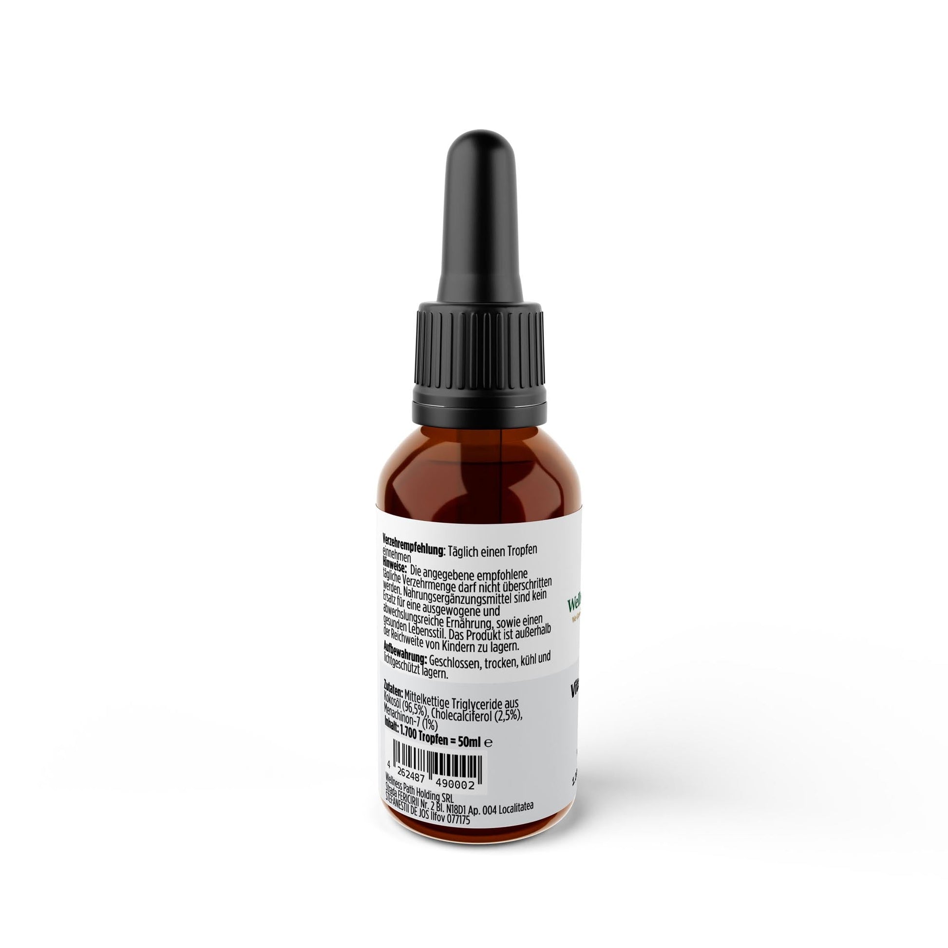 Vitamin D3 + K2 - 1,700 Drops (1,000 I.U.) - 50mlProduktWellness Path HoldingWellness Path HoldingC2B-VDK-01A 10ml amber glass dropper bottle with a black cap and a white label showing product details, photographed against a plain white background.